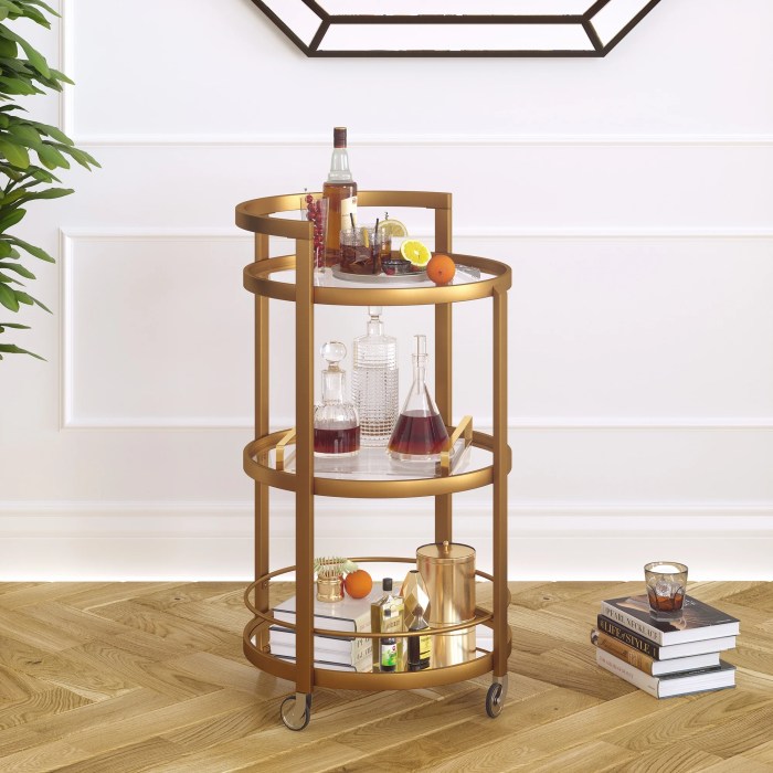 Contemporary Rolling Bar Cart with Wheels, Mirrored Shelves, Round ...